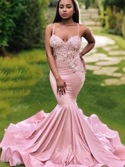 Trumpet/Mermaid V-neck Sweep Train Silk like Satin Corset Prom Dresses With Appliques Lace outfit, Party Dress On Line