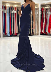 Trumpet/Mermaid V Neck Sweep Train Sleeveless Elastic Satin Corset Prom Dress outfits, Party Dresses Online Shopping