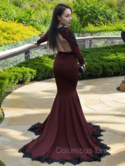 Trumpet/Mermaid V-neck Sweep Train Stretch Crepe Corset Prom Dresses With Appliques Lace outfit, Nice Dress