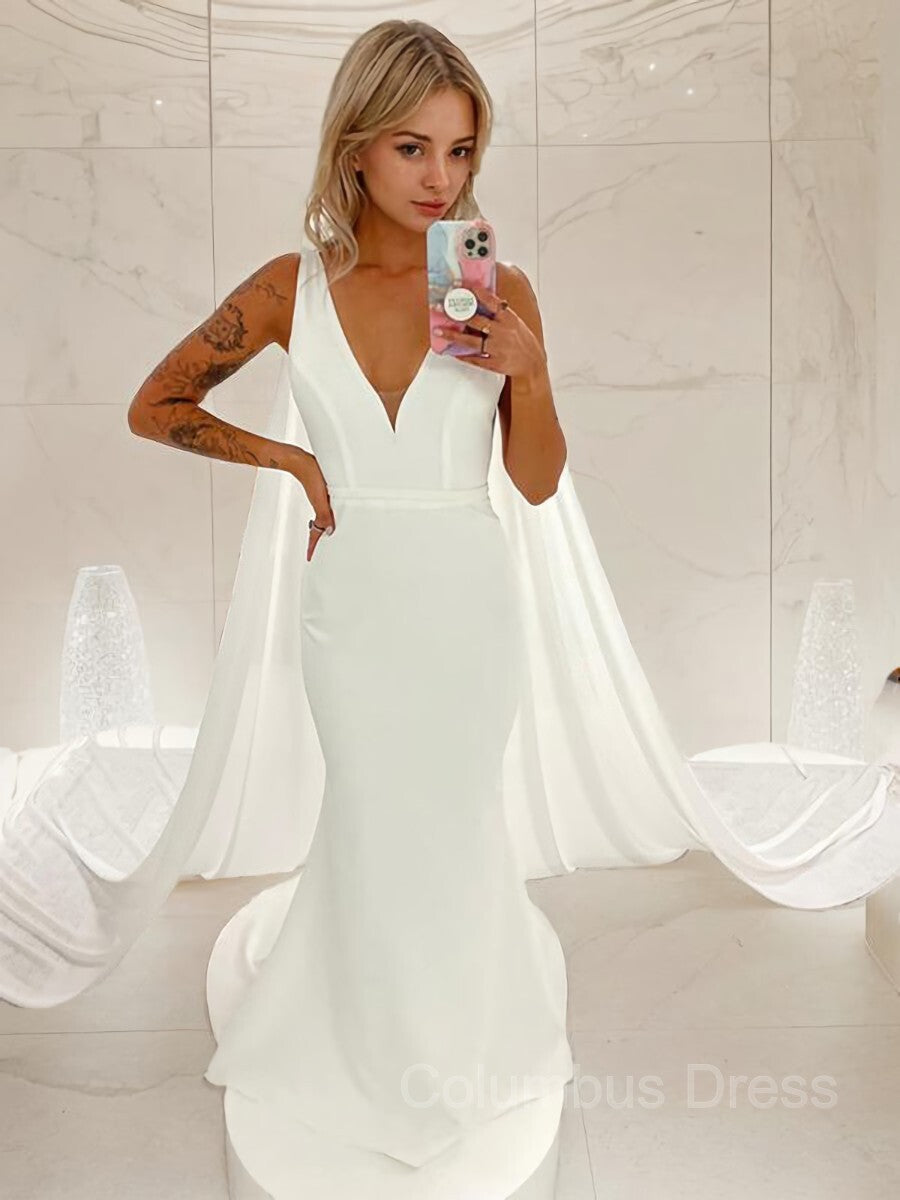 Trumpet/Mermaid V-neck Sweep Train Stretch Crepe Corset Wedding Dress outfit, Wedsing Dress Vintage