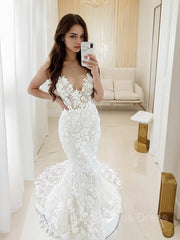 Trumpet/Mermaid V-neck Sweep Train Tulle Corset Wedding Dresses outfit, Wedding Dress Bridesmaid