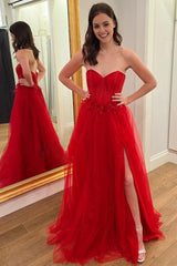 Tulle A Line Strapless Red Corest Long Corset Prom Dress outfits, Tulle A Line Strapless Red Corest Long Prom Dress