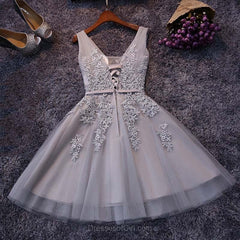 Tulle A-line V-neck Knee-length Lace Short Corset Prom Dresses,Corset Homecoming Dress with Applique Gowns, Prom Dresses Spring
