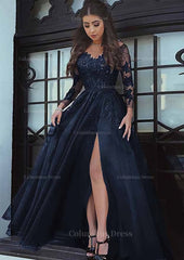 Tulle Long/Floor-Length A-Line/Princess Full/Long Sleeve Sweetheart Zipper Corset Prom Dress With Appliqued Gowns, Party Dress Sale