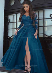 Tulle Long/Floor-Length A-Line/Princess Full/Long Sleeve Sweetheart Zipper Corset Prom Dress With Appliqued Gowns, Party Dress Sales