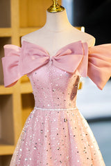 Tulle Sequins Long Corset Prom Dress, Pink Off Shoulder Evening Dress outfit, Bridesmaids Dresses Affordable