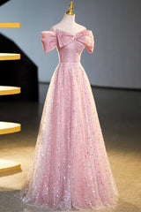 Tulle Sequins Long Corset Prom Dress, Pink Off Shoulder Evening Dress outfit, Bridesmaids Dress Affordable