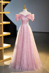 Tulle Sequins Long Corset Prom Dress, Pink Off Shoulder Evening Dress outfit, Bridesmaid Dresses Burgundy