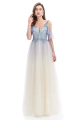 Tulle V-neck Beading Long Corset Prom Dresses outfit, Flowy Prom Dress