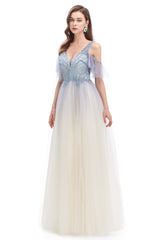 Tulle V-neck Beading Long Corset Prom Dresses outfit, Elegant Dress For Women