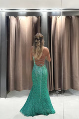 Turquoise Sequin Corset Prom Dresses Lace-Up Back Mermaid Long Corset Formal Dress with Slit Gowns, Turquoise Sequin Prom Dresses Lace-Up Back Mermaid Long Formal Dress with Slit