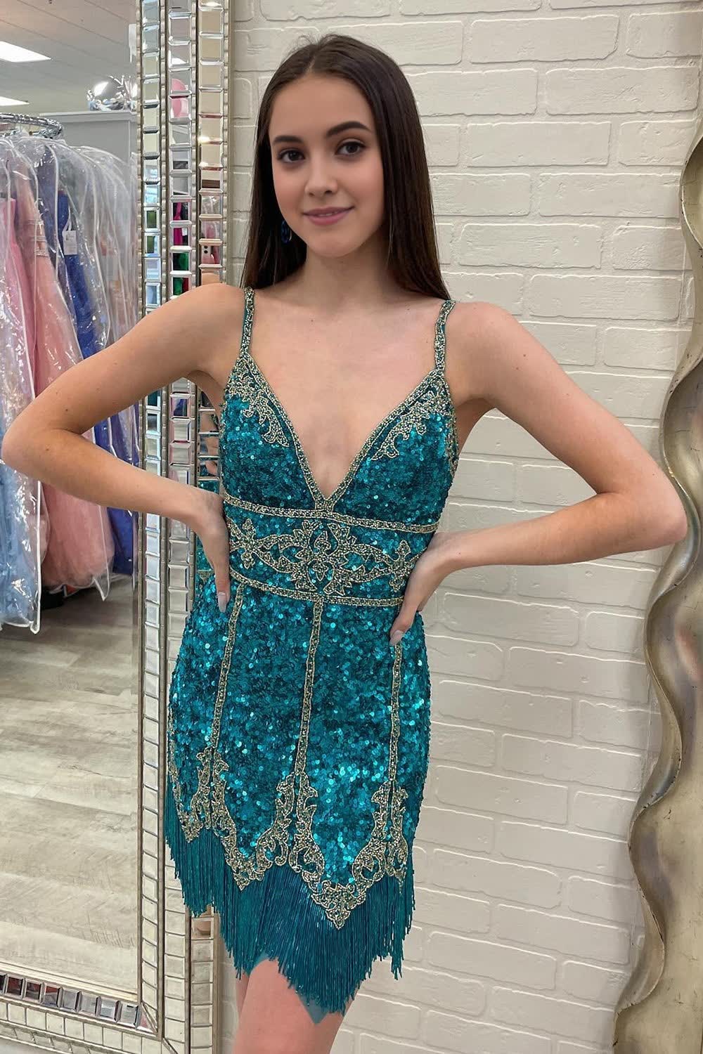 Turquoise Sequined Corset Homecoming Dress With Fringes outfit, Turquoise Sequined Homecoming Dress With Fringes