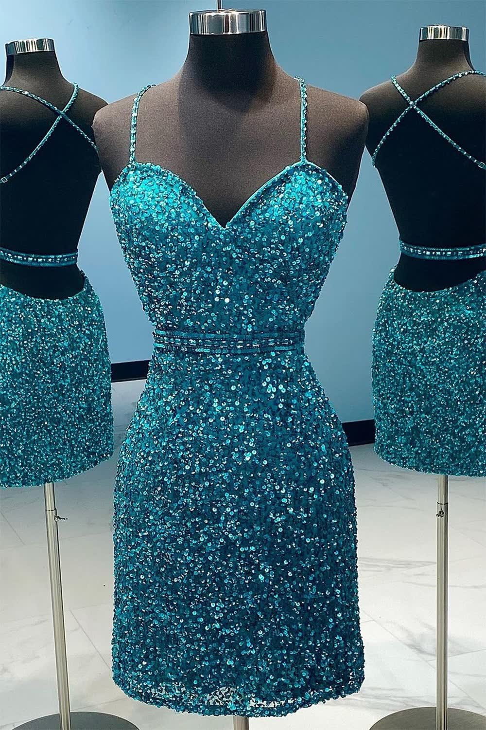 Turquoise Spaghetti Straps Sequins Corset Homecoming Dress outfit, Turquoise Spaghetti Straps Sequins Homecoming Dress