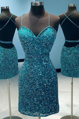 Turquoise Spaghetti Straps Sequins Corset Homecoming Dress outfit, Turquoise Spaghetti Straps Sequins Homecoming Dress