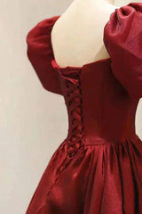 Burgundy A Line Long Corset Prom Dress with Short Sleeves, New Party Gown Outfits, Winter Dress