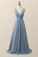 Twisted Straps Blue Chiffon A-line Long Corset Bridesmaid Dress outfit, Prom Dress Styling Hair