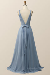 Twisted Straps Blue Chiffon A-line Long Corset Bridesmaid Dress outfit, Prom Dress Emerald Green