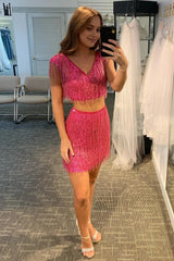 Two Piece Fuchsia Sequins Tight Short Corset Homecoming Dress with Fringes outfit, Two Piece Fuchsia Sequins Tight Short Homecoming Dress with Fringes
