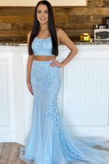 Two Piece Mermaid Blue Corset Prom Dress outfits, Two Piece Mermaid Blue Prom Dress