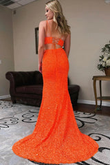 Two Piece Orange Sequins Mermaid Corset Prom Dress with Slit Gowns, Two Piece Orange Sequins Mermaid Prom Dress with Slit