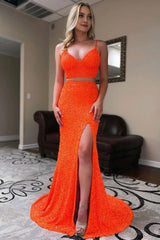 Two Piece Orange Sequins Mermaid Corset Prom Dress with Slit Gowns, Two Piece Orange Sequins Mermaid Prom Dress with Slit