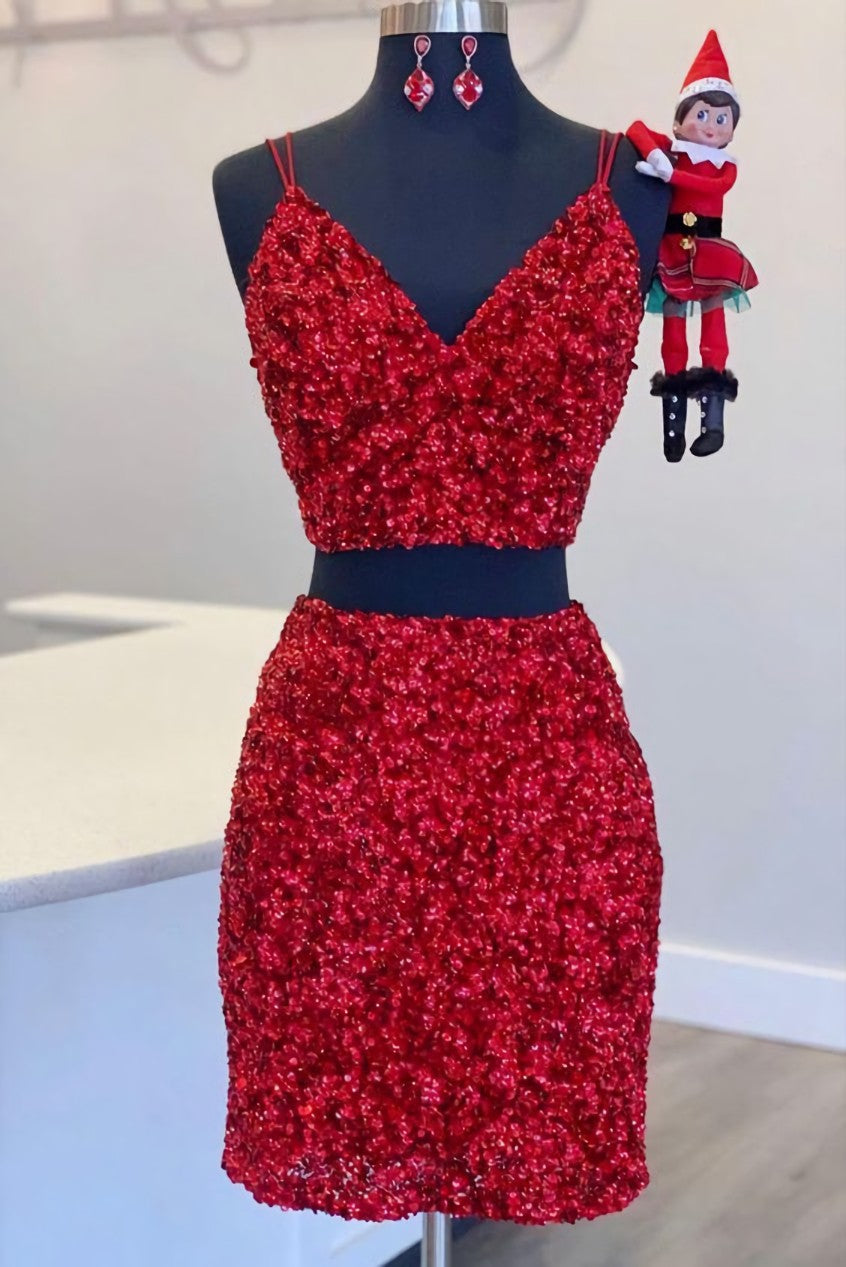 Two Piece Red Sequined Corset Homecoming Dress, V-neck Tight Party Dress,Short Corset Prom Dresses outfit, Prom Dress Classy