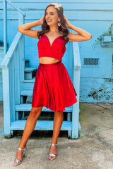 Two Piece Red Short Corset Homecoming Dress with Bowknot outfit, Two Piece Red Short Homecoming Dress with Bowknot