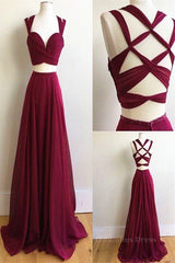 Two Pieces Burgundy Chiffon Long Corset Prom Dresses, 2 Pieces Wine Red Long Corset Formal Evening Dresses outfit, Prom Dress Pink