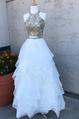 Two Pieces Lace White Tulle Long Corset Prom Dresses, White Two Pieces Corset Formal Dresses, Evening Dresses, Corset Ball Gown outfits, Bridesmaide Dresses Long