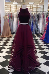 Two Pieces Maroon Long Corset Prom Dress, Dark Burgundy 2 Pieces Corset Formal Evening Dresses outfit, Dress Aesthetic