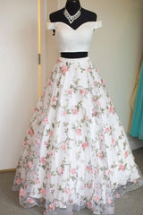 Two Pieces Off The Shoulder Lace Floral White Corset Prom Dresses, Off Shoulder White Corset Formal Dresses, Two Pieces White Evening Dresses outfit, Evening Dress Elegant Classy