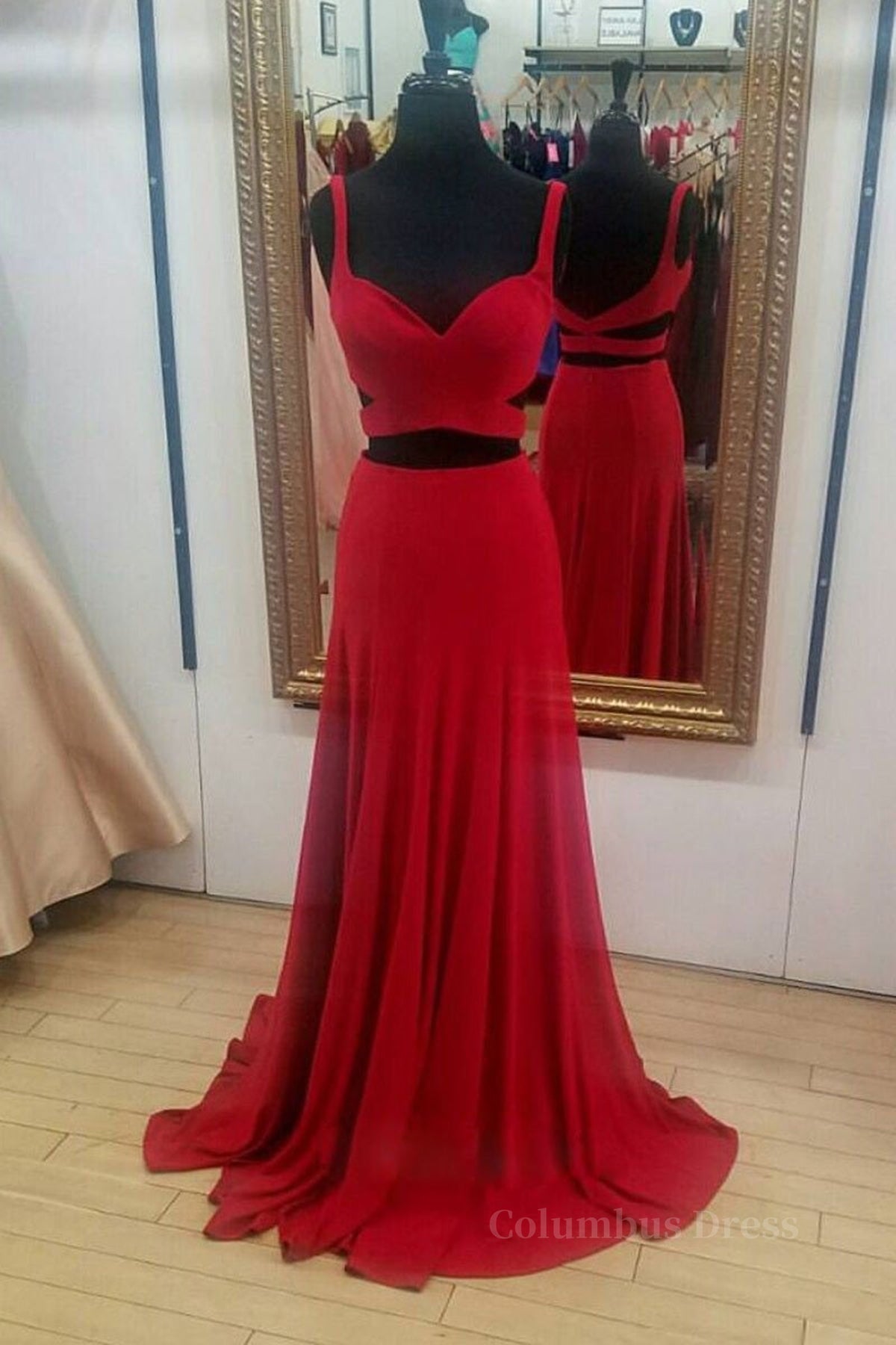 Two Pieces Red Long Corset Prom Dresses, 2 Pieces Red Long Corset Formal Evening Dresses outfit, Mini Dress Formal