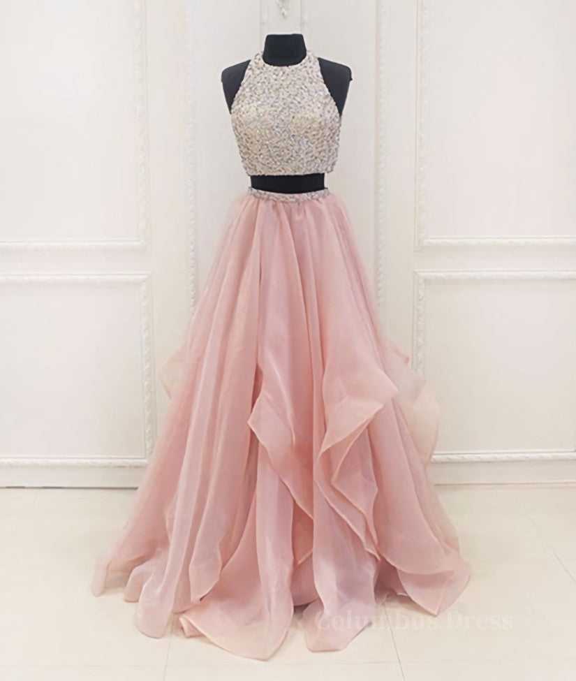 Two Pieces Round Neck Sequins Long Pink Corset Prom Dresses, Pink Evening Dresses outfit, Bridesmaid Dress Online