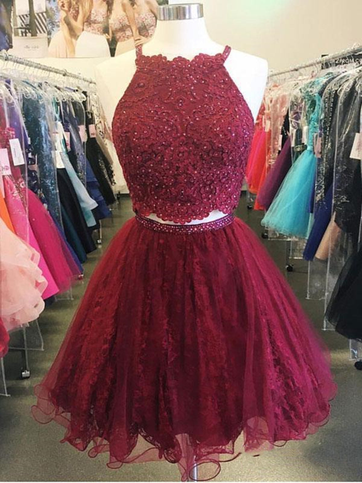 Two Pieces Short Burgundy Lace Corset Prom Dresses, Wine Red 2 Pieces Short Lace Corset Formal Corset Homecoming Dresses outfit, Formal Dresses Prom