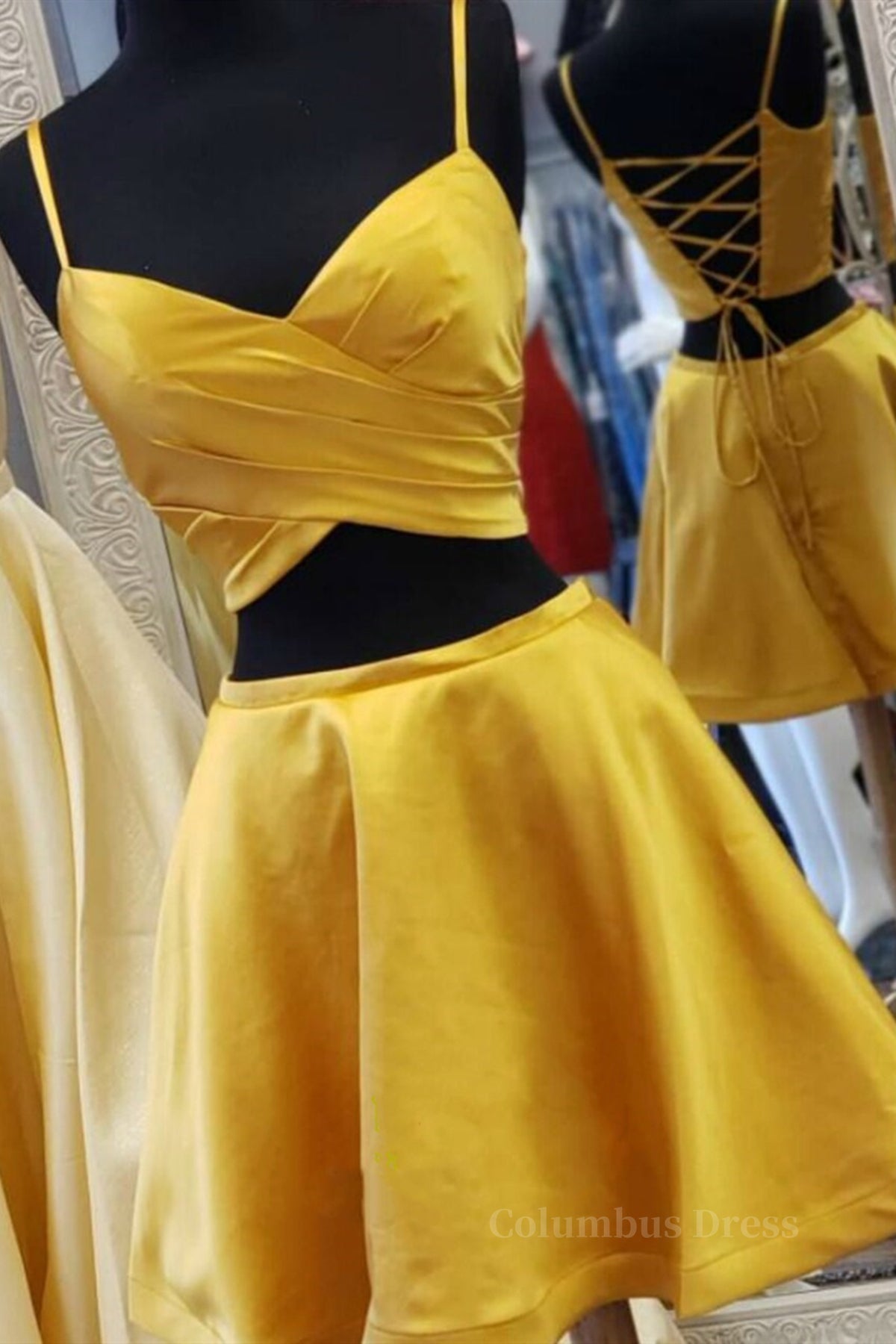 Two Pieces Short Yellow Corset Prom Dresses, Short Yellow 2 Pieces Corset Formal Corset Homecoming Dresses outfit, Formal Dresses Australia