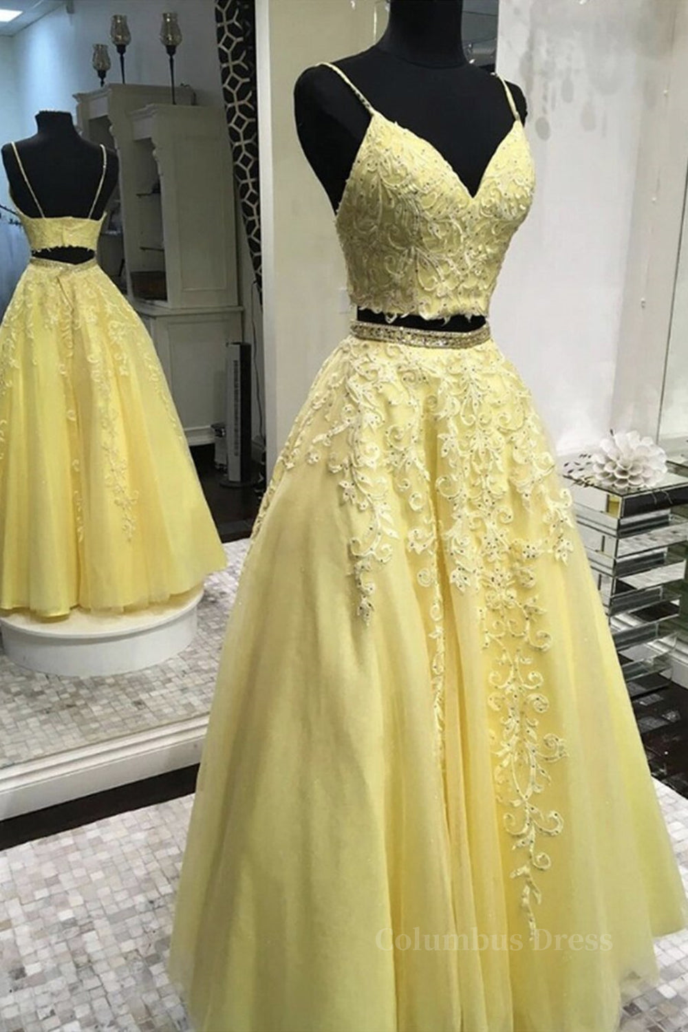 Two Pieces V Neck Yellow Lace Long Corset Prom Dresses, 2 Pieces Yellow Corset Formal Dresses, Yellow Lace Evening Dresses outfit, Elegant Dress Classy