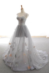 Gray Long Corset Prom Dress with Butterfly, New Arrival Unique Evening Dress outfit, Party Dress Big Size