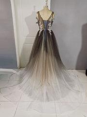 Unique A line V Neck Tulle Lace Long Corset Prom Dress, Tulle Corset Formal Dress outfit, Formal