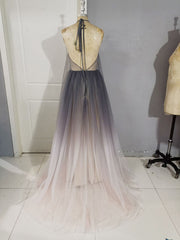 Unique A line V Neck Tulle Long Corset Prom Dress, Tulle Evening Dress outfit, Formal Dresses Gowns