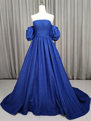 Unique Aline Blue Long Corset Prom Dresses, Blue Long Corset Formal Graduation Dresses outfit, Bridesmaid Dress With Sleeve