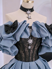 Unique Blue Satin Lace Long Corset Prom Dress,Off Shoulder Evening Dresses outfit, Long Sleeve Wedding Dress