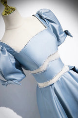 Unique Blue Satin Long Corset Prom Dress, A-Line Short Sleeve Blue Evening Dress outfit, Prom Dress Tight Fitting