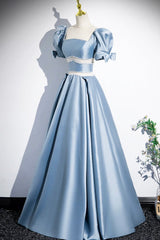 Unique Blue Satin Long Corset Prom Dress, A-Line Short Sleeve Blue Evening Dress outfit, Prom Dresses Tight Fitting