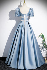 Unique Blue Satin Long Corset Prom Dress, A-Line Short Sleeve Blue Evening Dress outfit, Prom Dresses 2030 Black