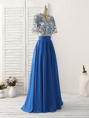 Unique Blue Two Pieces Long Corset Prom Dress Applique Corset Formal Dress outfit, Formal Dress For Graduation