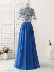 Unique Blue Two Pieces Long Corset Prom Dress Applique Corset Formal Dress outfit, Formal Dresses Floral