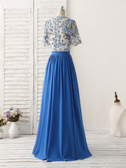 Unique Blue Two Pieces Long Corset Prom Dress Applique Corset Formal Dress outfit, Formal Dresses To Wear To A Wedding