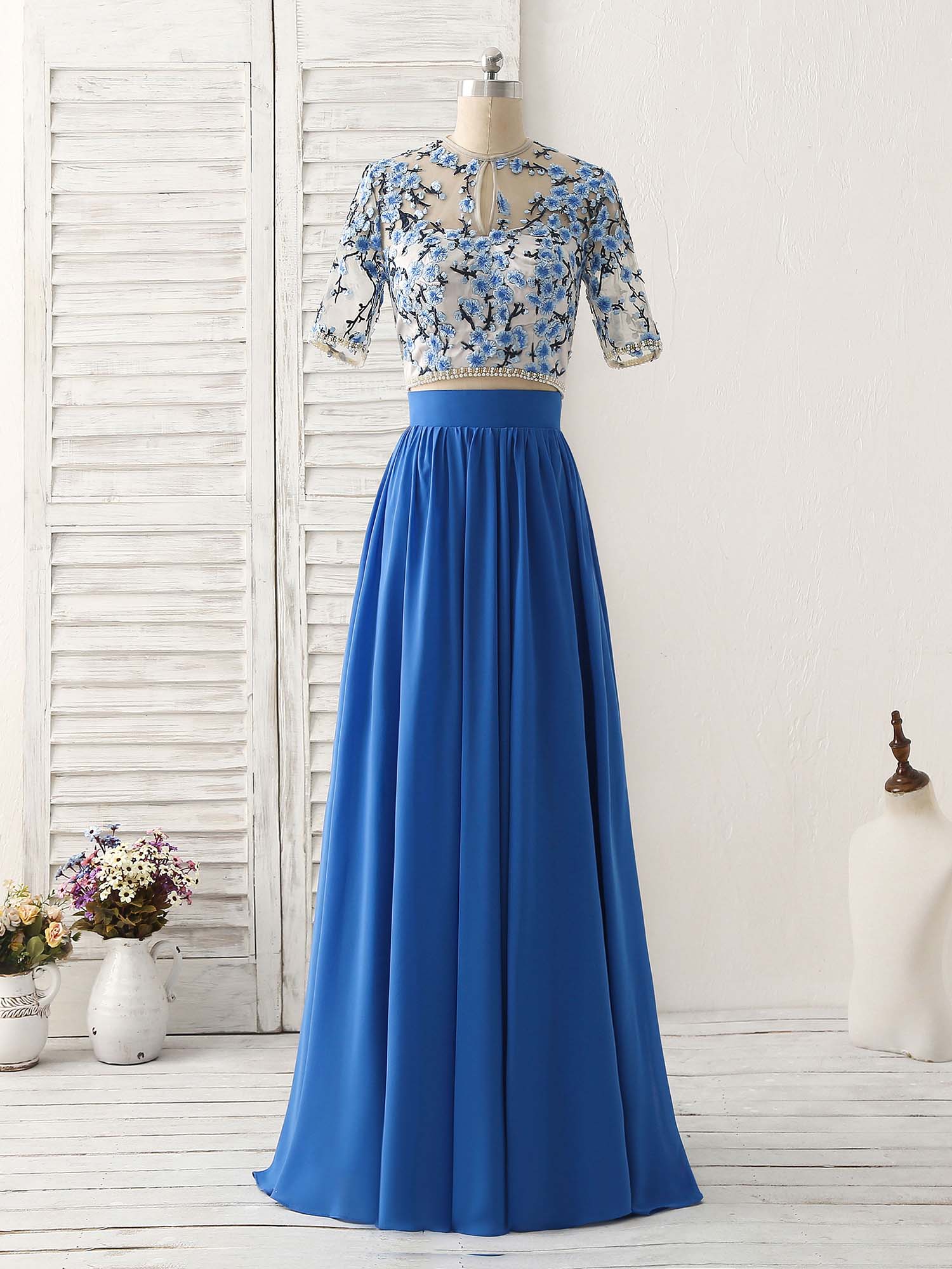 Unique Blue Two Pieces Long Corset Prom Dress Applique Corset Formal Dress outfit, Formal Dress For Teens