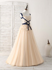 Unique Champagne Lace Tulle Long Corset Prom Dress, Champagne Evening outfit, Bridesmaids Dress Designers