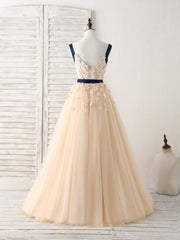 Unique Champagne Lace Tulle Long Corset Prom Dress, Champagne Evening outfit, Bridesmaids Dress Designs